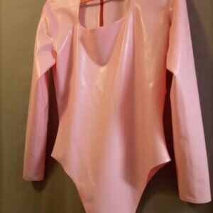Genuine Latex Rubber Pink Bodysuit Long Sleeves Backzipper